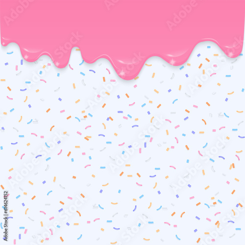 Pink dripping liquid with colorful sprinkles background