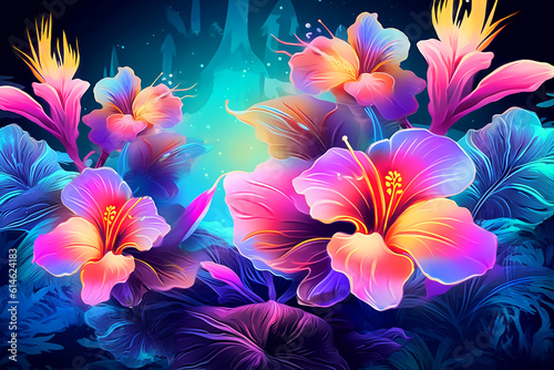  summer beach with glowing luminous tropical flowers