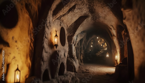 Derinkuyu underground city ancient cave in Cappadocia, Turkey. Generation AI photo