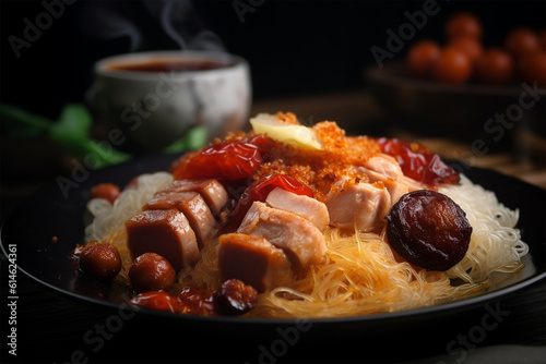 a plate of fried vermicelli with sliced ​​meat and sausages