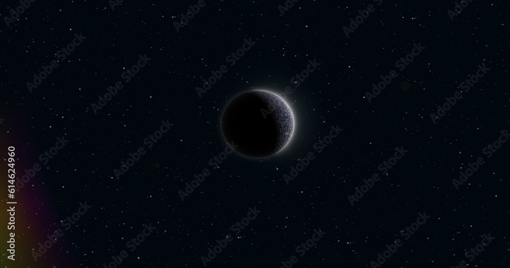 Abstract realistic space planet round sphere with a stone relief surface in space against the background of stars