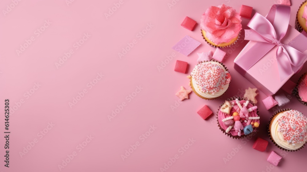 Birthday theme with cupcake dessert and gift box flat lay on pink background. Gennerative Ai Birthday theme with cupcake dessert and gift box flat lay on pink background. Gennerative Ai