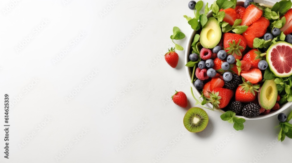 Vegetable and fruit salad bowl for healthy food concept isolated on white background.Generative Ai