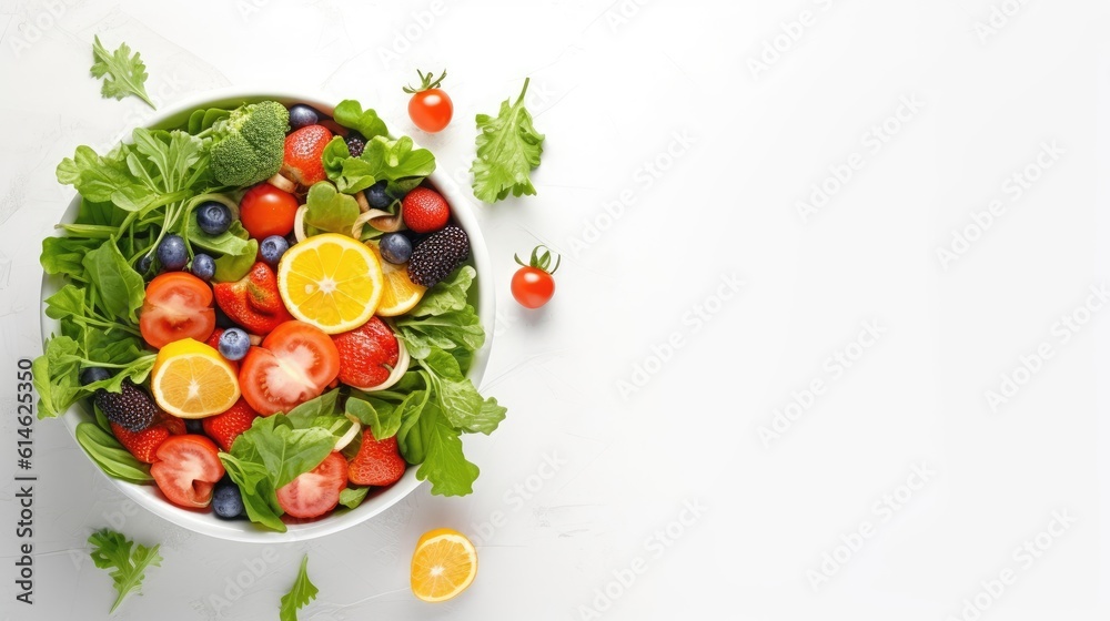 Vegetable and fruit salad bowl for healthy food concept isolated on white background.Generative Ai Vegetable and fruit salad bowl for healthy food concept isolated on white background.Generative Ai