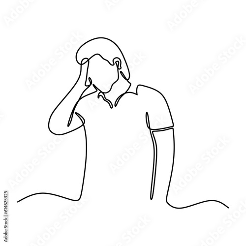 continuous line drawing of man suffering from strong headache and looking annoyed