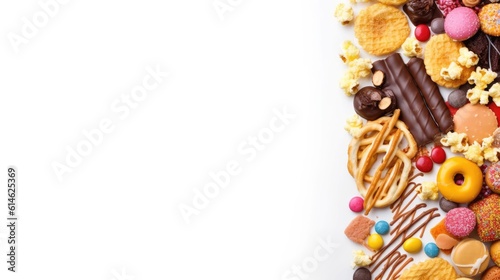 Junk food and dessert for high calories food flat lay on white background. Generative Ai