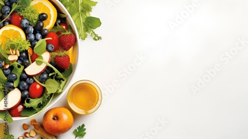 Vegetable and fruit salad bowl for healthy food concept isolated on white background.Generative Ai