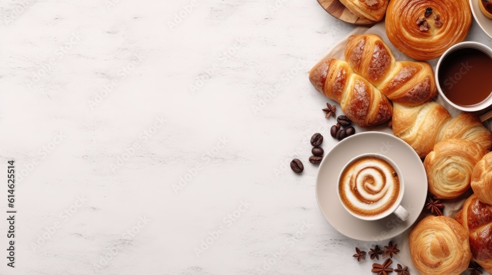 Banner of pastry theme with croissant,bread and cup coffee top view on white background. Generative Ai Banner of pastry theme with croissant,bread and cup coffee top view on white background. Generative Ai