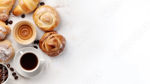 Banner of pastry theme with croissant,bread and cup coffee top view on white background. Generative Ai