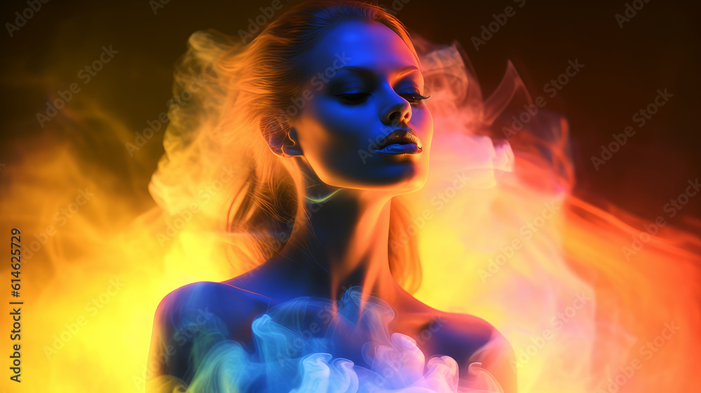 woman in neon smoke.