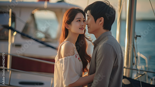 Korean couple in love. couple on the beach. Smiling couple holding hands with yachts on background. Asian people. Travel Vacation Retirement Lifestyle Concept.