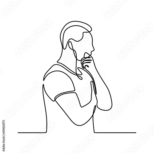 continuous line drawing of young man standing looking thoughtful