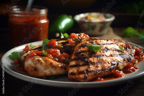 a plate of grilled chicken with spicy sauce