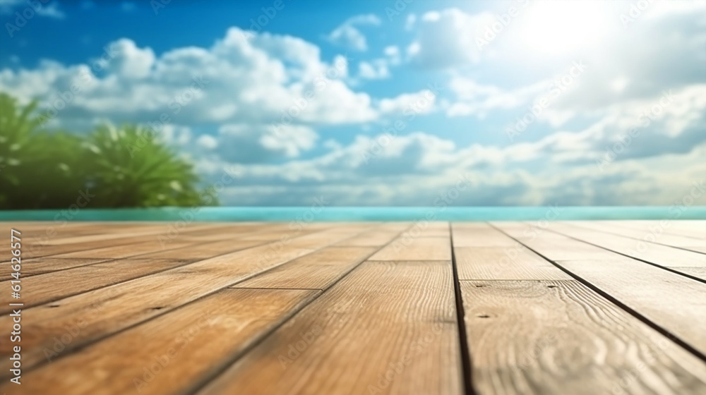 Empty wooden table in front with a background of swimming pool