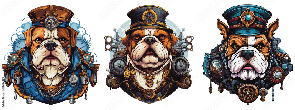 Set of a fantastic portrait bulldog of an attractive steampunk style. animal as mechanical cyber animal isolated on a transparent background, generative AI technology