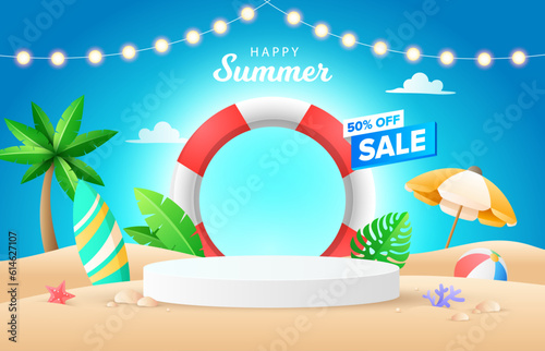 Flat gradient summer sale template. Composition of safety ring with beach umbrella, surfboard, ball, tropical plant, round prodium, light bulb at beach sand. Summer Holiday concept.