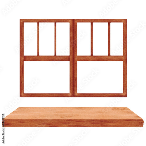 Elements of the interior of an apartment house kitchen bedroom. wood window sill, shelf, exhibition stand. Rustic wooden table. Wooden window frame. Closeup. Indoors. Watercolor isolated illustration