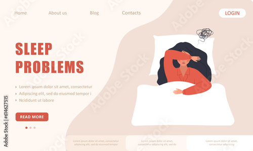 Sleep problems landing page template. Tired woman lying in bed and suffer from headache. Insomnia or sleep disorder concept. Vector illustration in flat cartoon style.