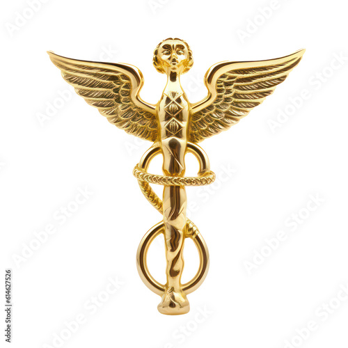 A gold caduceus medical symbol in 3d style isolated on transparent background. Generative AI.