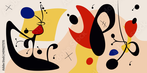 Surreal art illustration in Joan Miro style. Abstract Painting with Geometric Shapes. photo