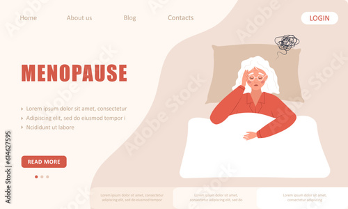 Menopause landing page template. Tired elderly woman suffer from headache. Sleepless female character lying in bed. Insomnia or sleep disorder concept. Vector illustration in flat cartoon style.