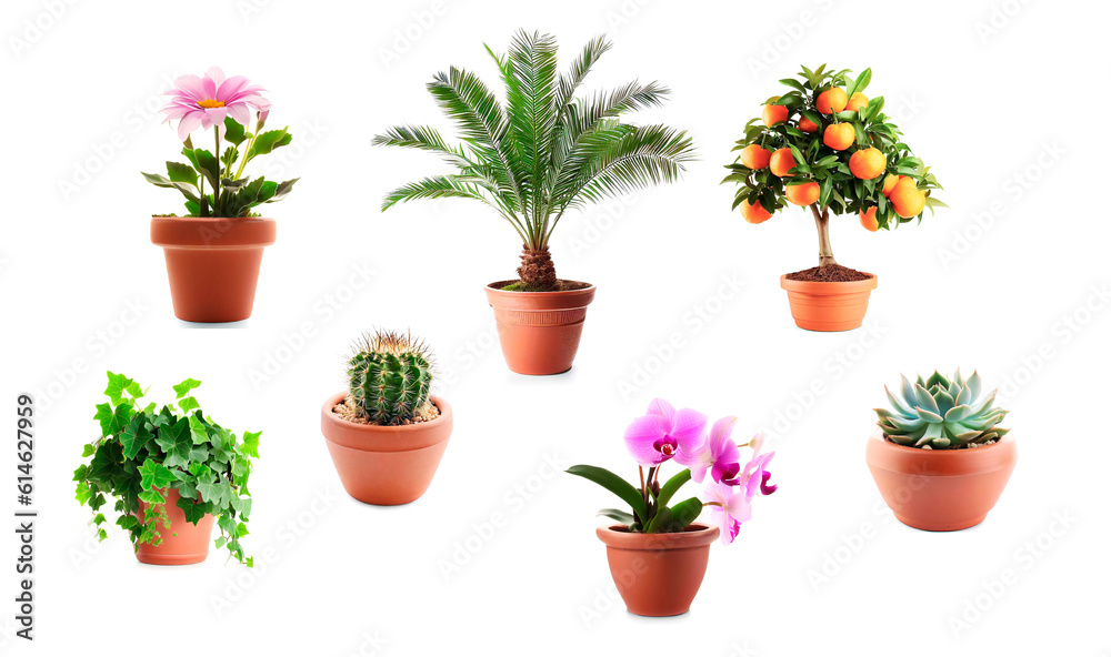 Flowers and plants in a pot isolated on white. Houseplants.