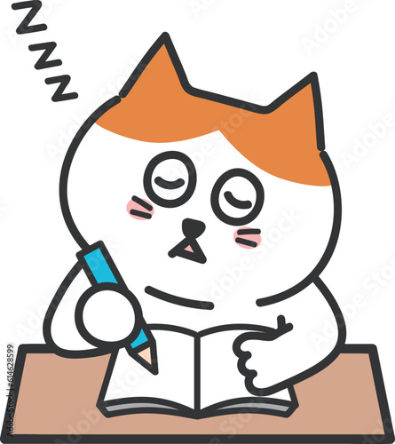 Cartoon orange tabby cat falling asleep while studying with a pencil and notebook, vector illustration.