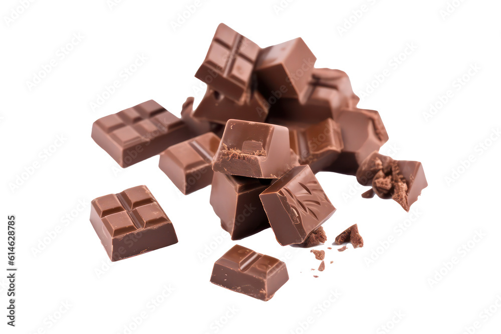Cube chocolate pieces isolated on transparent background. Generative AI.