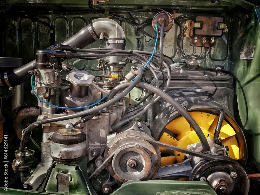 Fototapeta premium Engine of an old classic car under the hood 