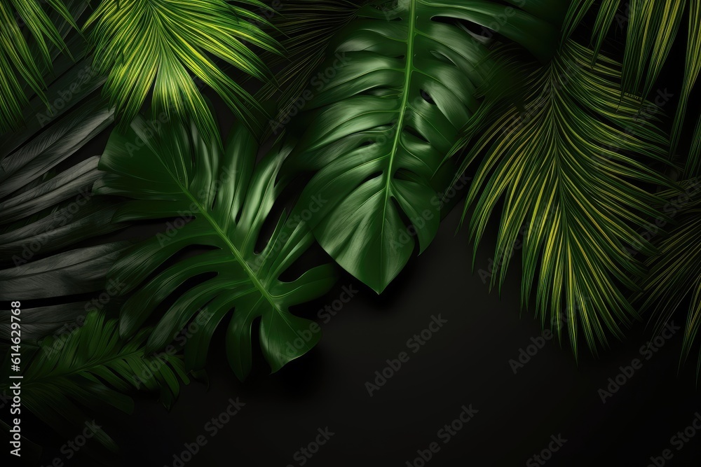 Exotic tropical background with Hawaiian plants. Seamless indigo tropical pattern with monsteras and sabal palm leaves. AI Generation