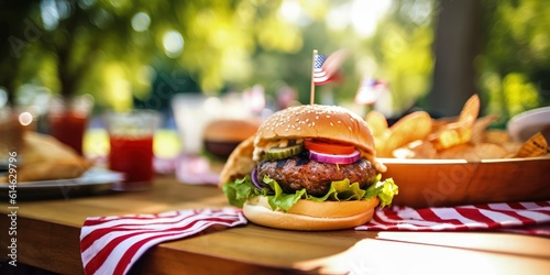 4th of july hamburger meal on picnic table outdoors created with generative AI with copy space composition