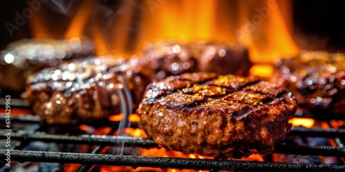 beef burgers grilling on flaming grill created with generative AI
