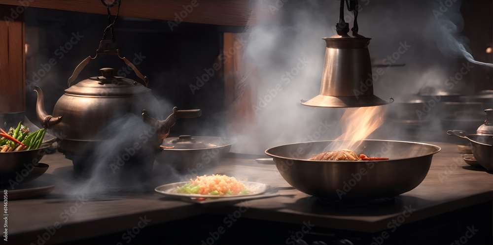 An Asian restaurant kitchen, flame and smoke on the gas stove. Generative AI An Asian restaurant kitchen, flame and smoke on the gas stove. Generative AI