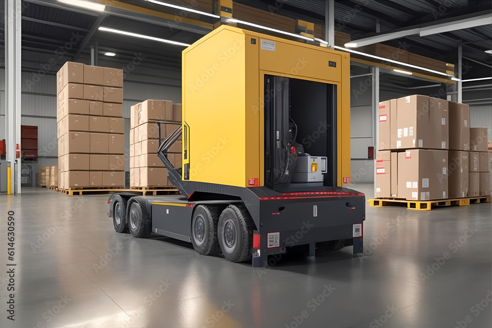 Automated guided vehicle in warehouse logistic and transport. Generative AI