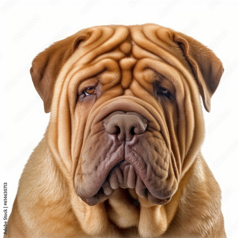 Shar Pei dog portrait isolated on a white background, ai generative