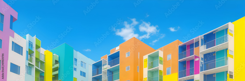 Colorful housing. An housing complex, apartment or multi floor resedential building with each unit in different colors. Generative AI