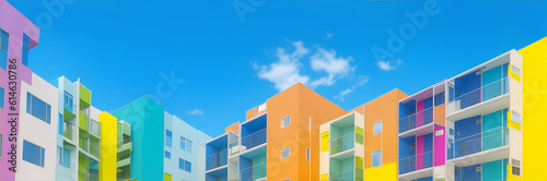 Colorful housing. An housing complex, apartment or multi floor resedential building with each unit in different colors. Generative AI photo