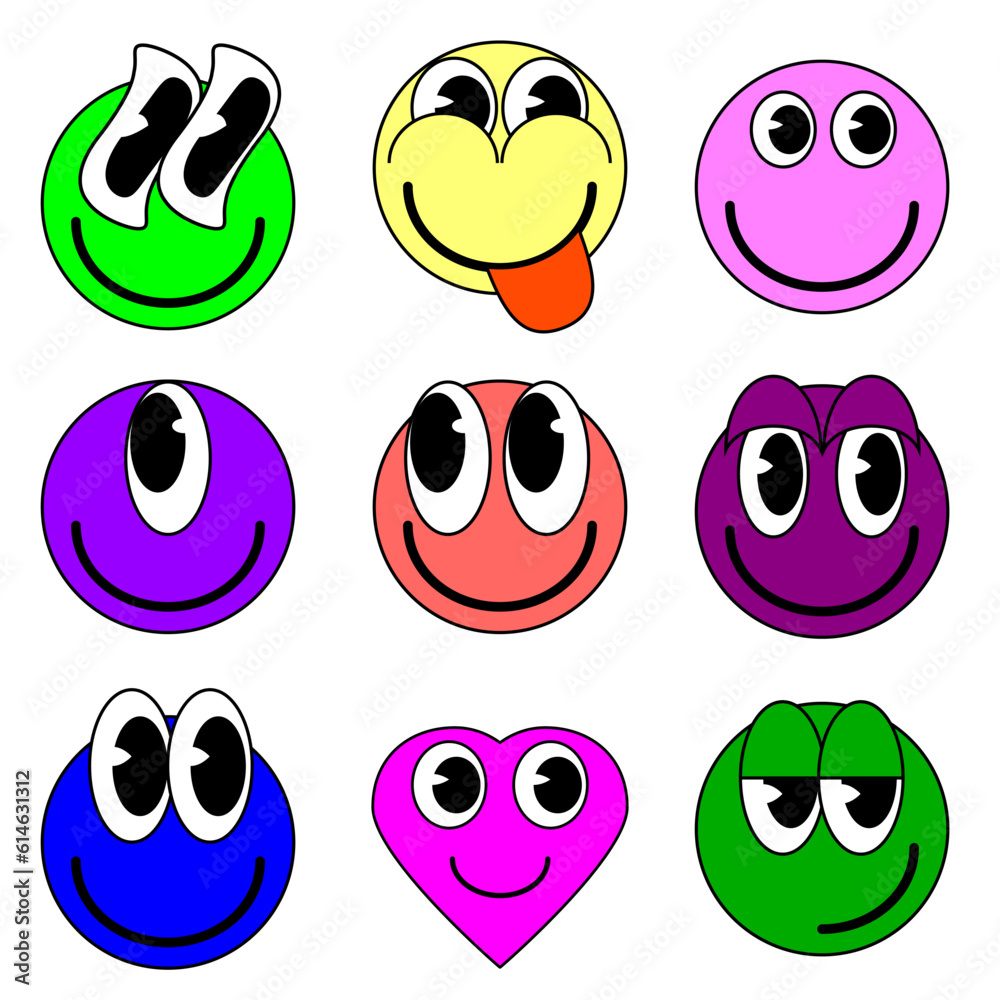 Cartoon Set of Groovy funny cartoon smile characters, vintage. Funky comic bright emoticon stickers Cartoon Set of Groovy funny cartoon smile characters, vintage. Funky comic bright emoticon stickers