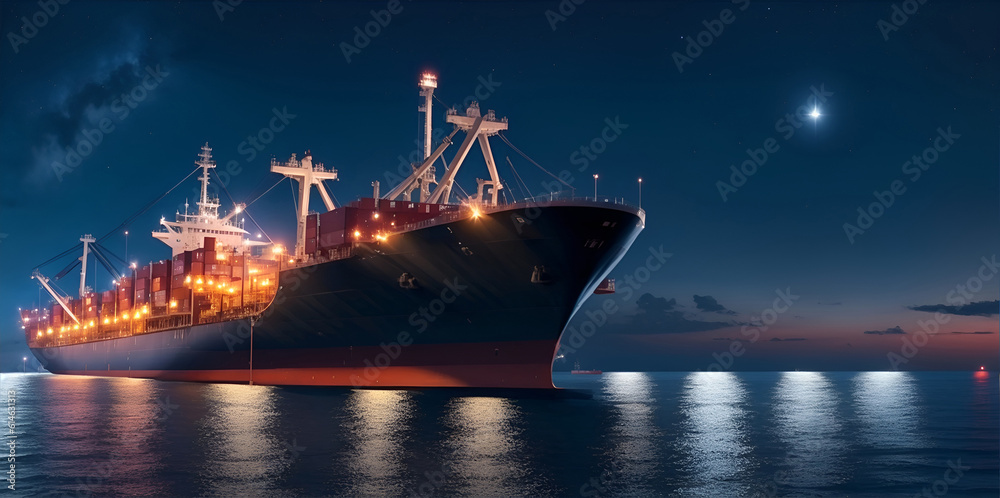 Fototapeta premium Oil tanker docked in an offshore dock at night or dawn sea. Generative AI