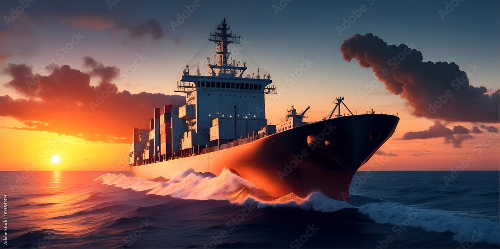 Oil tanker docked in an offshore dock at night or dawn sea. Generative AI