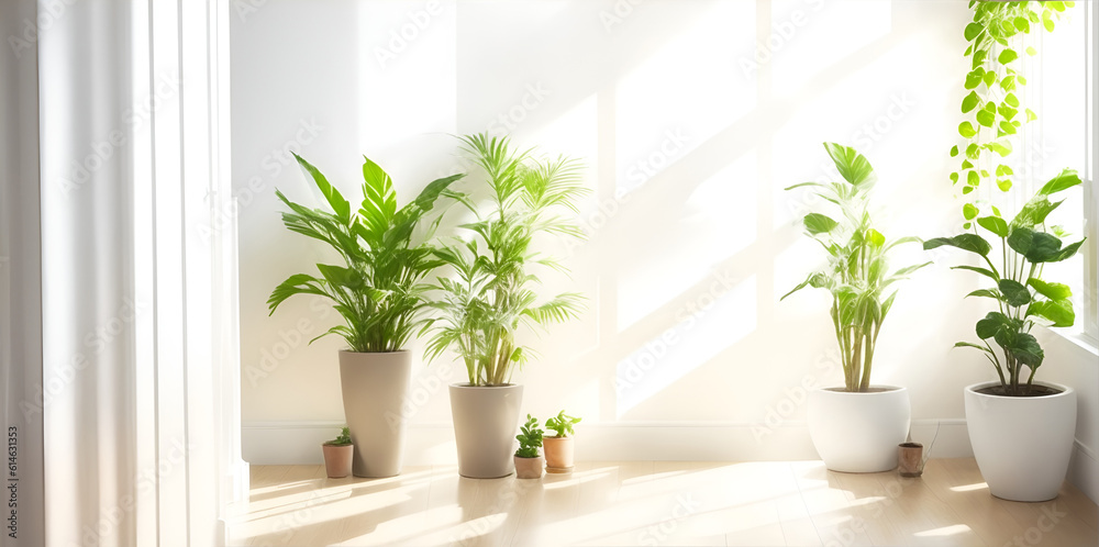 Peaceful interior background with soft cream white walls and potted plant. Generative AI