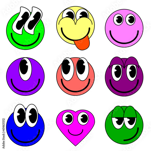 Cartoon Set of Groovy funny cartoon smile characters, vintage. Funky comic bright emoticon stickers