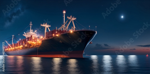 Oil tanker docked in an offshore dock at night or dawn sea. Generative AI