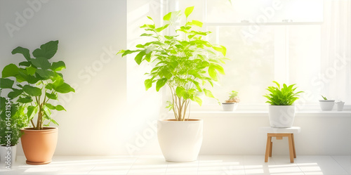 Peaceful interior background with soft cream white walls and potted plant. Generative AI