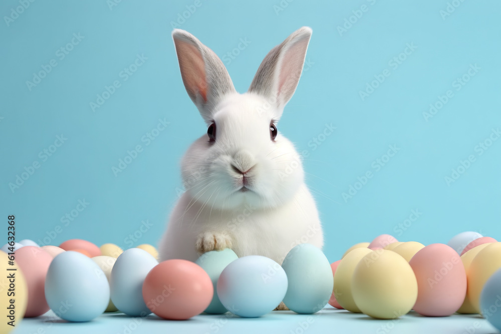 white Easter bunny with pastel color Easter eggs on a light blue background created with AI generative tools