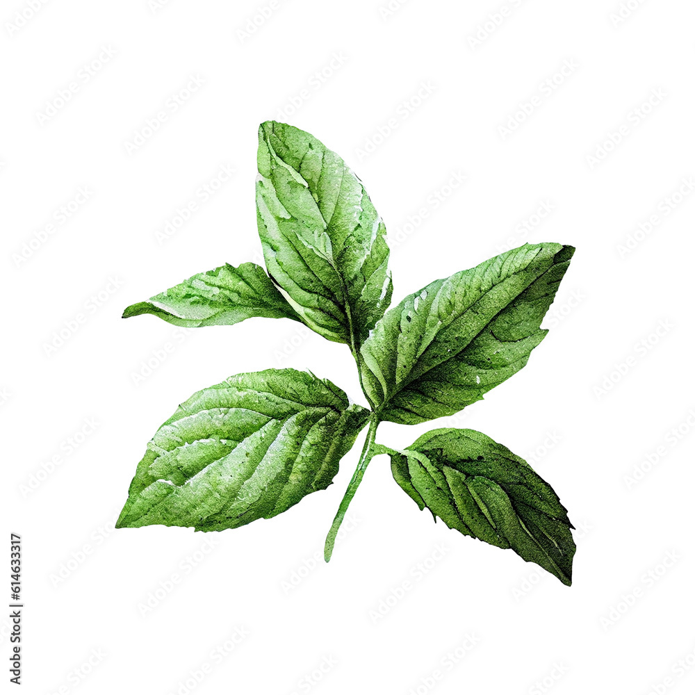 A sprig of green fragrant peppermint with green leaves on a white background in a watercolor technique. Spice fragrant for a healthy diet, delicious tea. High quality illustration