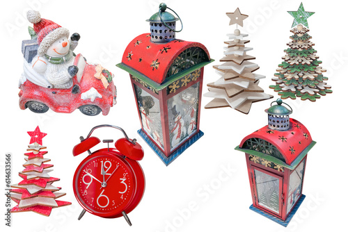 Set of  red Christmas ornaments. Isolated on white background, design elements for greeting card or invitation.