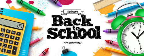 Back to school text vector design. Welcome back to school greeting in white space with learning elements and office supplies. Vector illustration educational items in white background.