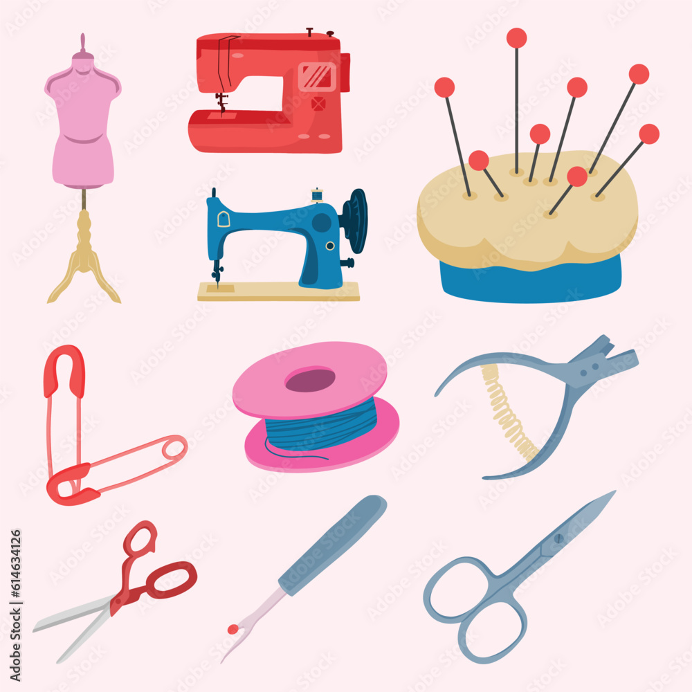 Set of Tailor and Sewing Tools Cute Hand Drawn Illustration Set of Tailor and Sewing Tools Cute Hand Drawn Illustration