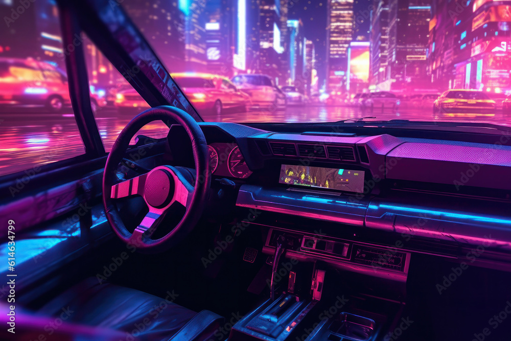 City Night Adventure: Futuristic Car Illuminated in Purple Neon Colors. Generative AI-generated image.